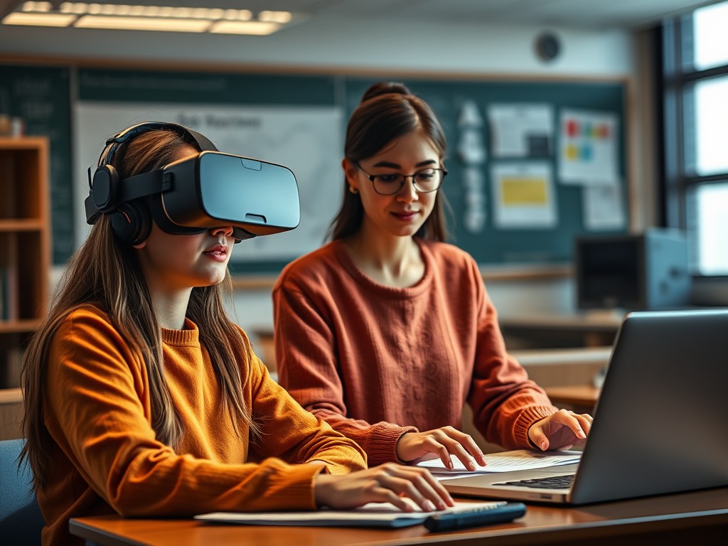 This photograph shows a teacher progress monitoring alongside a student wearing a VR headset.